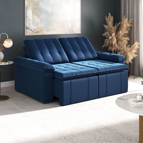 Sofá Cama Casal Retrátil e Reclinável 3 Lugares Veludo Azul Palmeira 200cm CabeCasa MadeiraOriginals