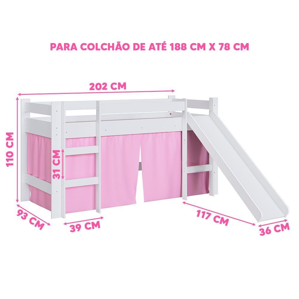 Cama Infantojuvenil Elevada com Escorrega e Cortina Completa Móveis Branco/rosa - 4