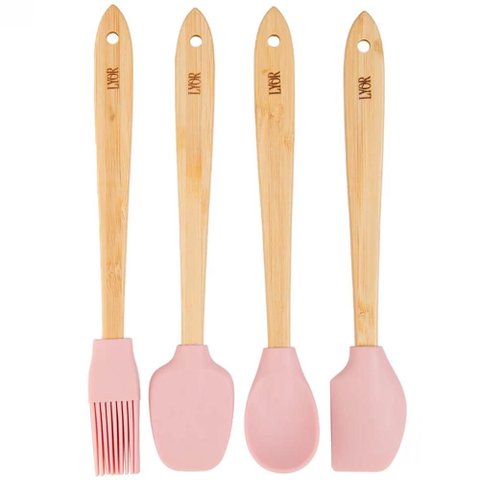 Conjunto 4 Utensílios 20cm Silicone Cabo Bambu Rosa Lyor Mini Cozinha Decoração