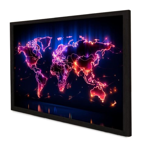 Quadro Decorativo Mapa Mundi Iluminado em Moldura Caixa Tacolado Moldura Trad 1cm Preta com Vidro 30