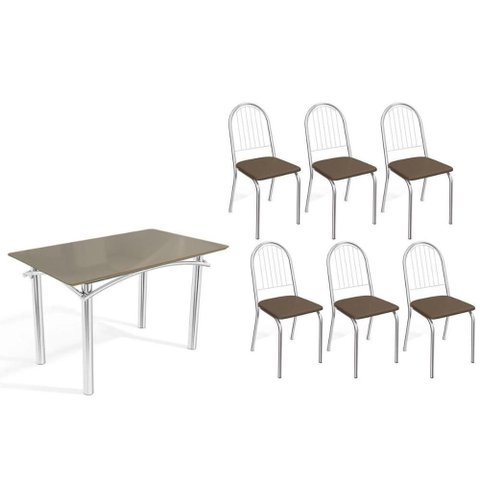 Conjunto: Mesa Sala Jantar Elba Tampo Madeirado C/ Vidro 120cm e 6 Cadeiras Noruega Cromada/freijo
