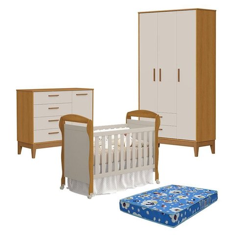 Quarto de Bebê 3 Portas com Cômoda com Porta Flip e Berço Americano Danny Areia Savana Acetinado com
