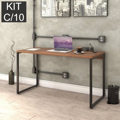 Conjunto com 10 Escrivaninhas Kuadra Estilo 135cm Industrial Nogal Marrom