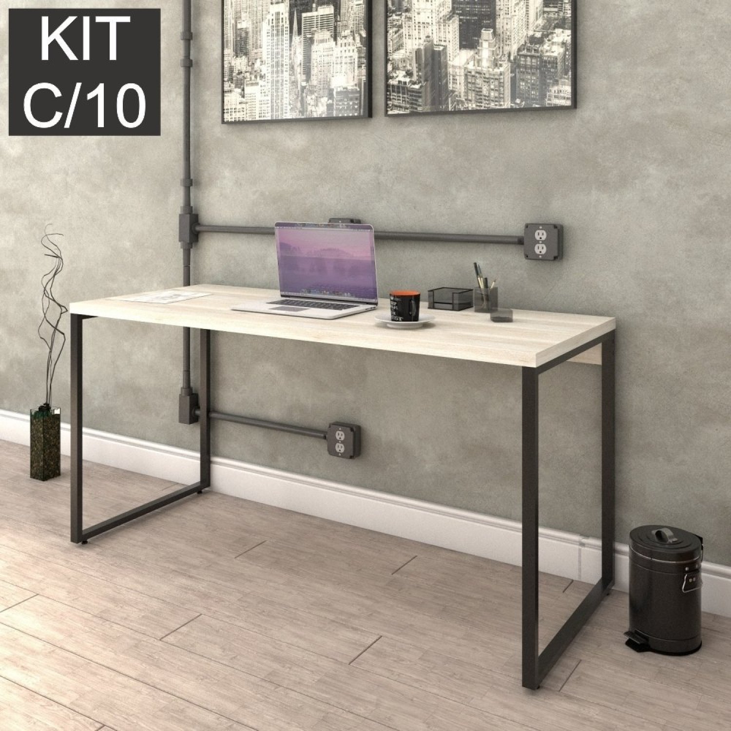 Kit com 10 Escrivaninhas Kuadra 150cm Estilo Industrial Compace