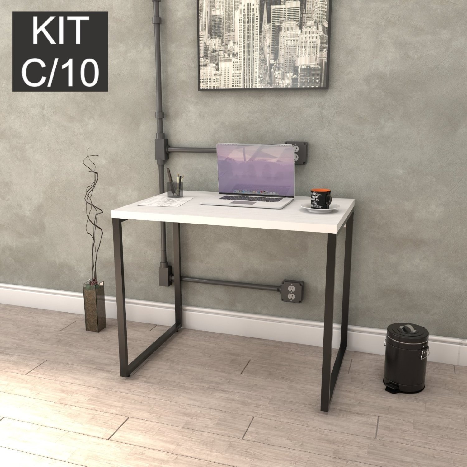 Kit com 10 Escrivaninhas Kuadra 90cm Estilo Industrial Compace