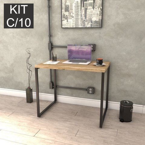 Conjunto com 10 Escrivaninhas Kuadra Estilo 90cm Industrial Carvalho Marrom