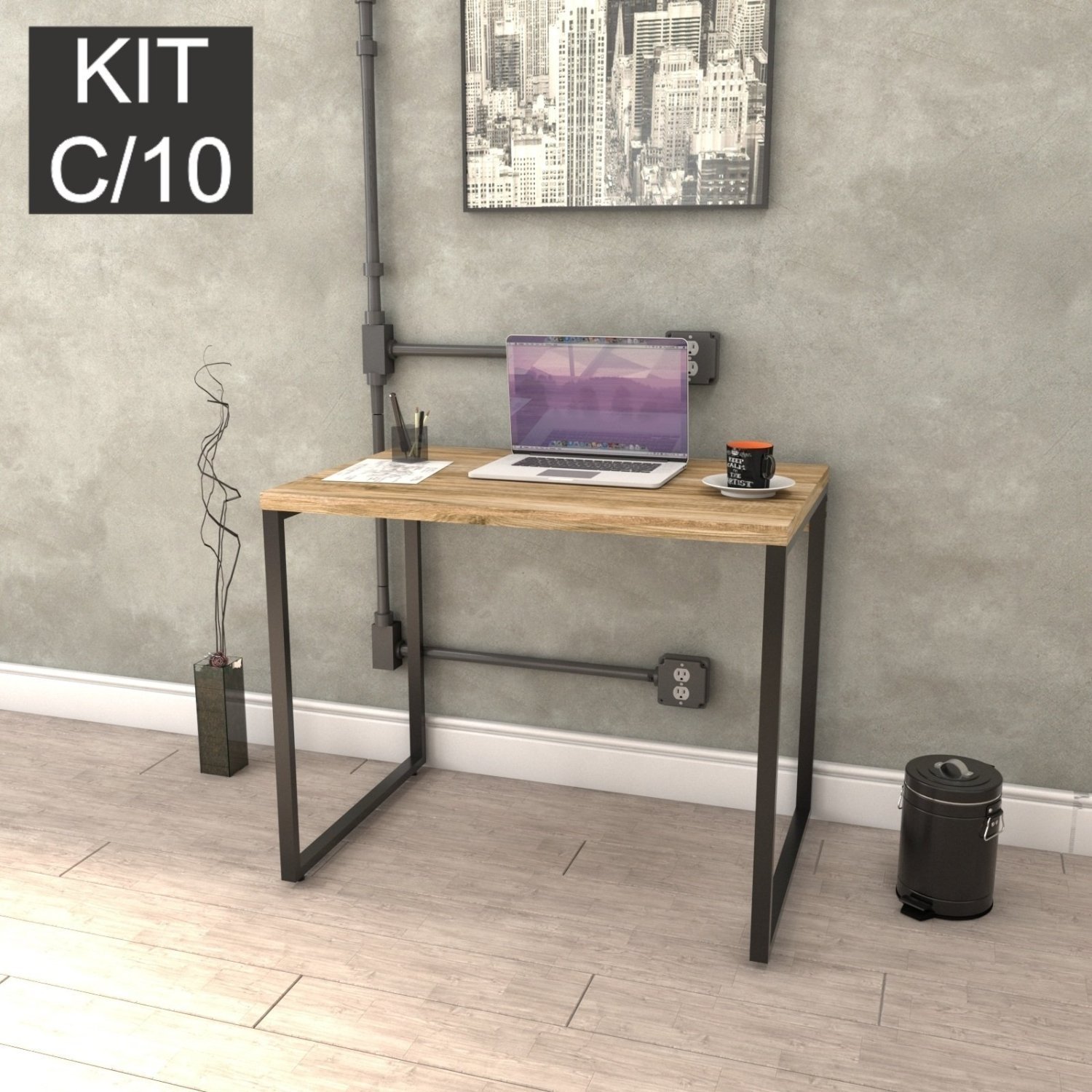 Kit com 10 Escrivaninhas Kuadra 90cm Estilo Industrial  - 2