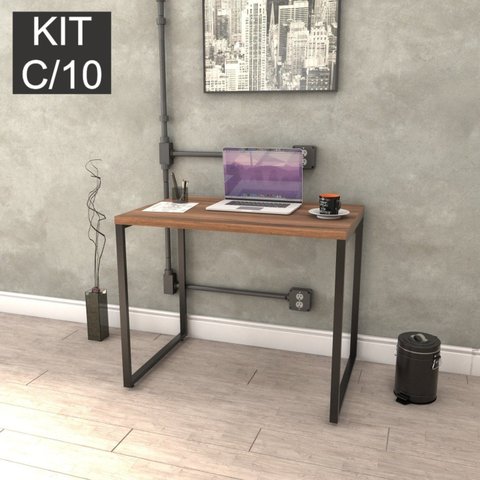 Conjunto com 10 Escrivaninhas Kuadra Estilo 90cm Industrial Nogal