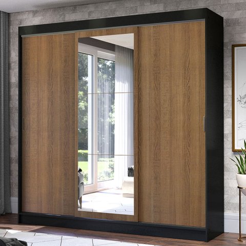 Guarda-Roupa Casal Madesa Istambul 3 Portas de Correr com Espelho 3 Gavetas Preto/Rustic Cor:Preto/R