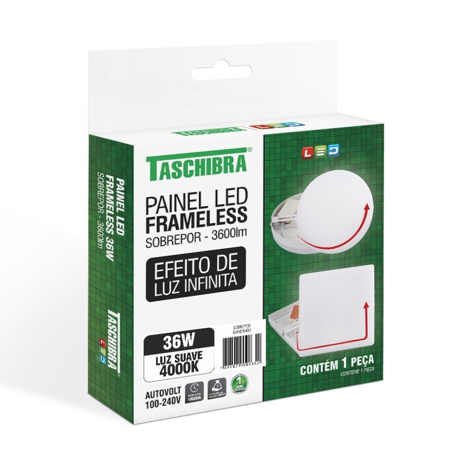 Painel LED Frameless Sobrepor 36W Quadrado 4000K Taschibra - 4