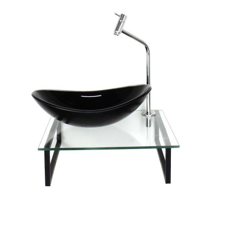 Gabinete de Vidro com Cuba Oval Preta Tampo 40cm Incolor Mais Torneira Metal