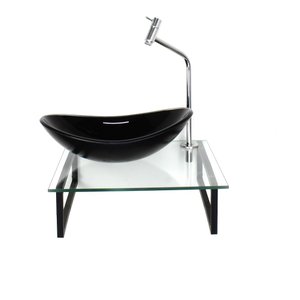 GABINETE DE VIDRO COM CUBA OVAL PRETA TAMPO 40CM INCOLOR MAIS TORNEIRA METAL