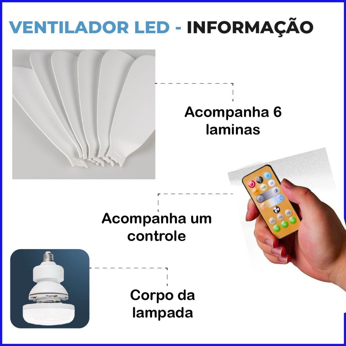 Ventilador de Teto C/ Lâmpada Led + Controle para Bocal E27 - 6