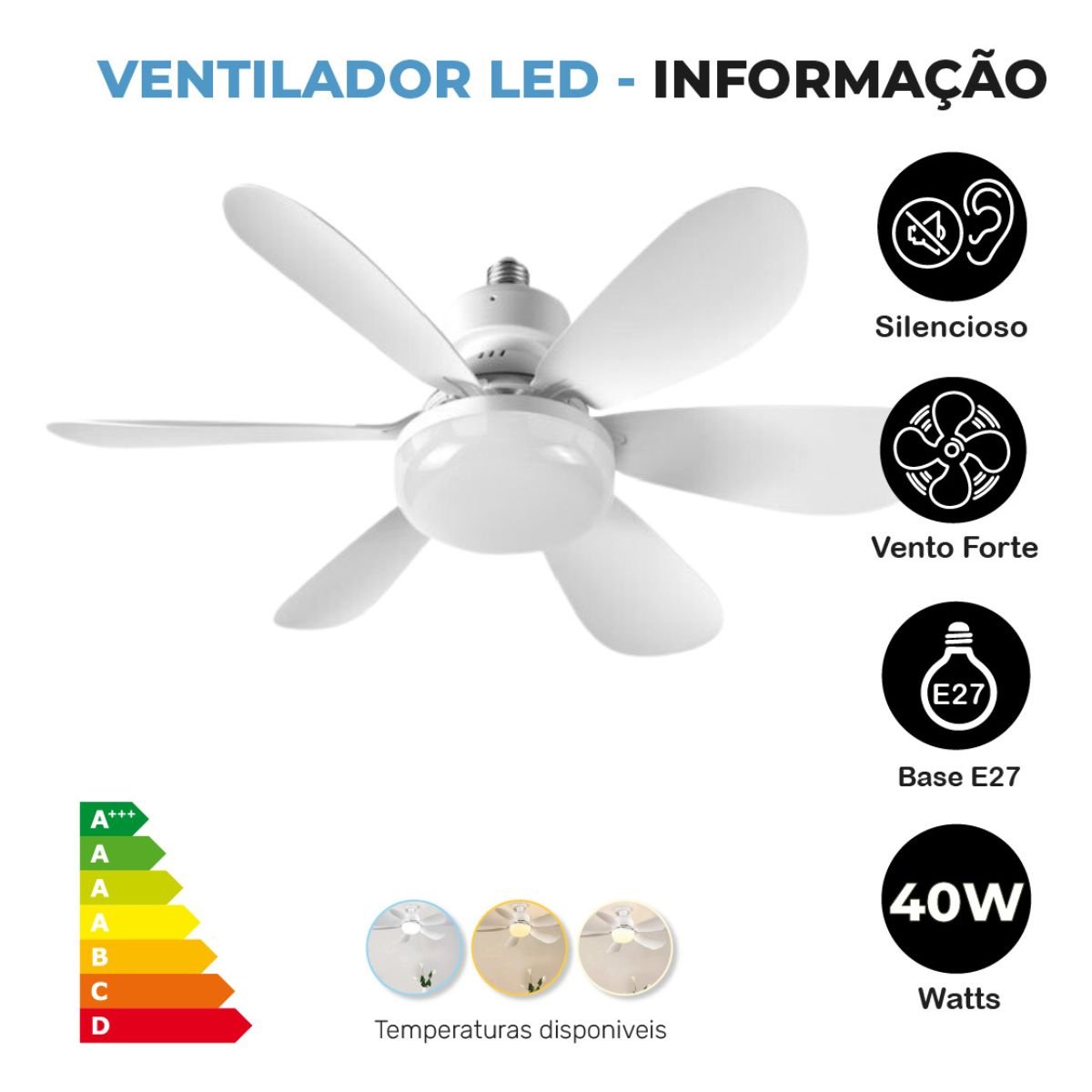 Ventilador de Teto C/ Lâmpada Led + Controle para Bocal E27 - 8