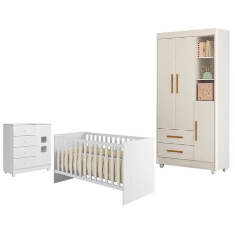 Guarda Roupa Flocos com Cômoda Life Berço Nacional Life 2186 Branco Acetinado - Tigus