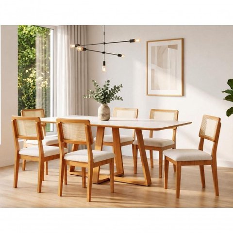 Mesa Jantar 180cm Retangular 6 Lugares Tampo MDF Off White com Freijó Cesare Claro Dalla Costa
