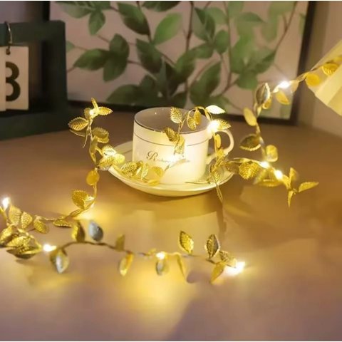 Fio de Ouro Decorativo com Luzes LED e Folhas Douradas Cordao Luminoso Flexível para Decoração de Am