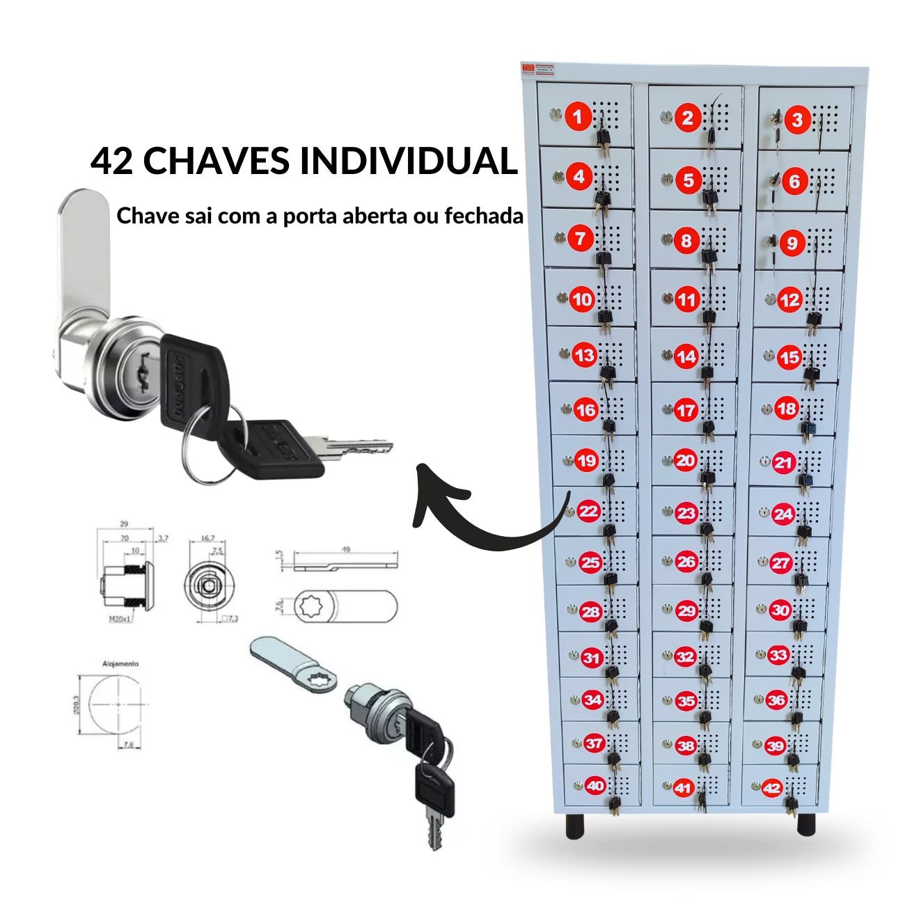 Armário para Celular e Porta Objetos em Aço com 42 Portas com Chave - 3