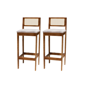 Kit 2 Banqueta Alta de Madeira com Assento Estofado e Encosto em Palhinha Bruna