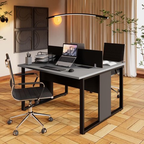 Plataforma Dupla 1,20 m X 1,20 m com Divisória e Caixas de Tomadas Pés Metal F5 Office Cor:Cinza