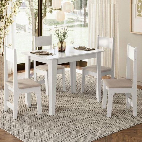 Sala de Jantar Mesa com 4 Cadeiras Assento Delta Branco/Savana