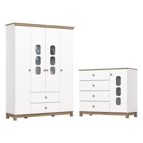 Jogo de Quarto Infantil Aconchego com Guarda Roupa e Cômoda Branco/jequitibá - Móveis Henn