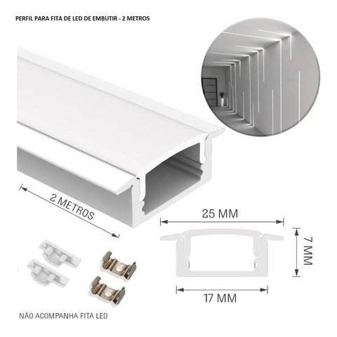 Perfil Alumínio Slim 25mm Branco para Fita Led Embutir 2m