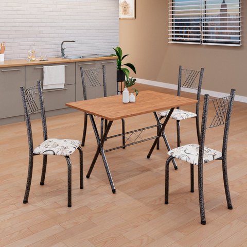 Conjunto de Mesa Tubular 062 100x60cm Tampo em MDF com 4 Cadeiras Sara Prata/Preto Liso/Martelado