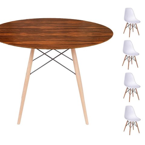 Conjunto Mesa Eames Eiffel Dsw Redonda Pau Ferro 120cm + 4 Cadeiras Eames Dsw - Branca Mgsaarinen