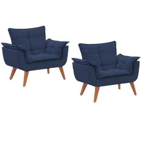 Kit 2 Poltronas Opalas com Puff Redondo Suede Azul Marinho