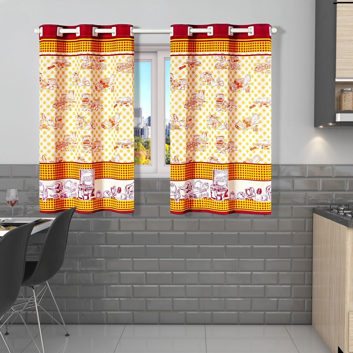 Cortina de Cozinha 2,20m X 1,30m Oxford Estampada Decorativa para Janela Alta Resolução Utensílios - 2
