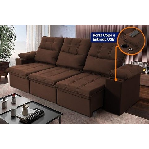 Sofá Retrátil Reclinável Verona Usb + Porta Copo 2,30m Suede Velut Marrom C/ Molas no Assento -