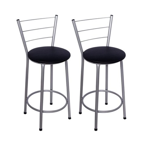 Kit 2 Banquetas Altas Prata com Encosto Assento Preto