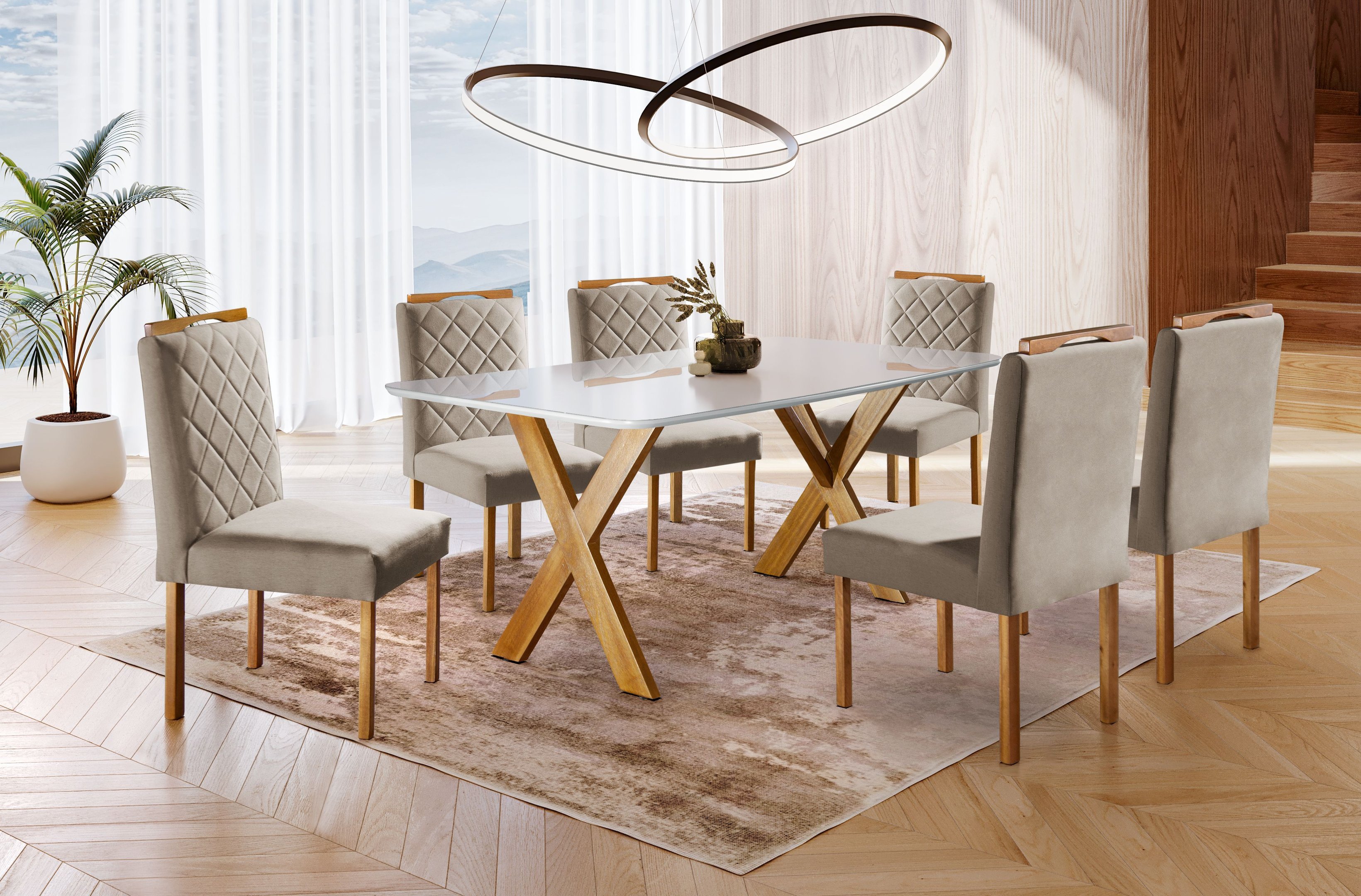 Conjunto Sala de Jantar 6 Lugares Espanha Mesa e Cadeiras Madeira Maciça Tampo com Vidro