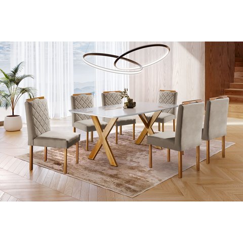 Conjunto Sala de Jantar 6 Lugares Espanha Mesa e Cadeiras Madeira Maciça Tampo com Vidro