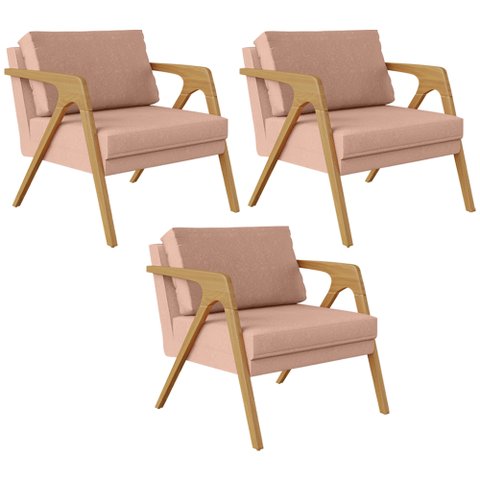 Kit 3 Poltronas Decorativas para Sala Estar Pietra Estrutura de Madeira L02 Linho Rosê - Lyam