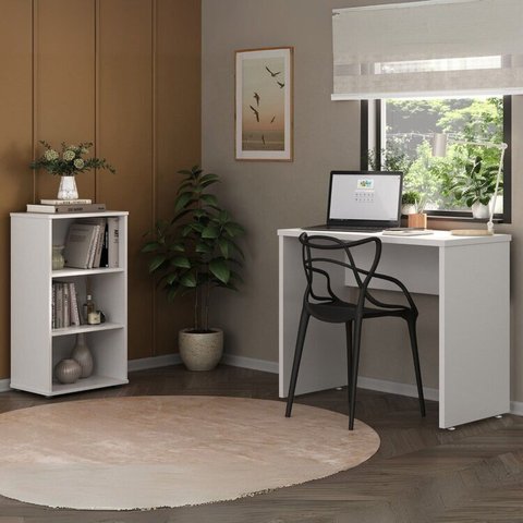 Conjunto Home Office Compacto Escrivaninha Mary Estante Pequena Clean Branco Artany