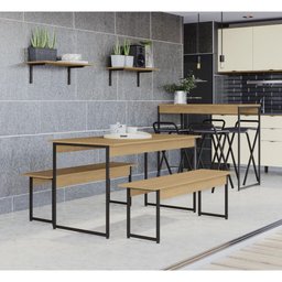 Kit Cozinha Industrial c/Mesa com Banco/Bancada e 4 Banquetas/2 Prateleiras - Freijó/Preto - 1 Kit Cozinha Industrial c/Mesa com Banco/Bancada e 4 Banquetas/2 Prateleiras - Freijó/Preto - 1