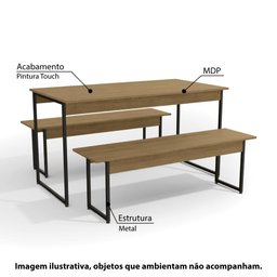 Kit Cozinha Industrial c/Mesa com Banco/Bancada e 4 Banquetas/2 Prateleiras - Freijó/Preto - 2 Kit Cozinha Industrial c/Mesa com Banco/Bancada e 4 Banquetas/2 Prateleiras - Freijó/Preto - 2