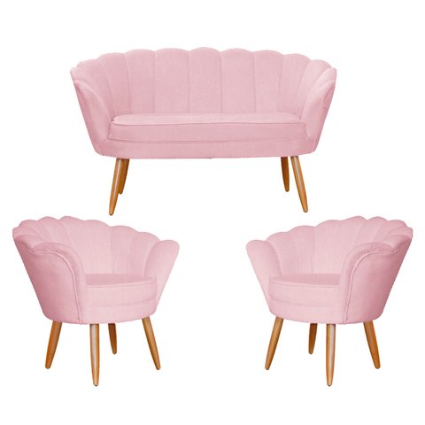 Conjunto Namoradeira Pétala de Flor + 2 Poltronas Pés Palito Suede Rosa Bêbê