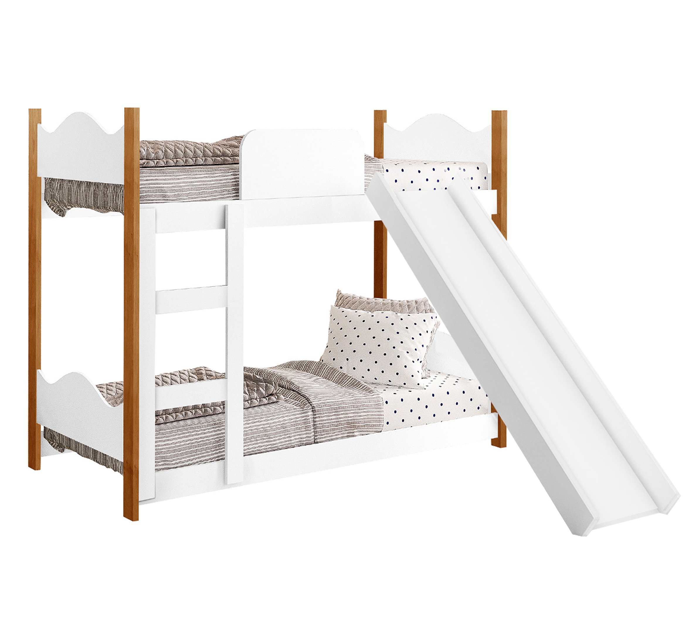 Cama Infantil Beliche Montessori Encanto com Escorregador Grade de Proteção e Escada Cor Branco