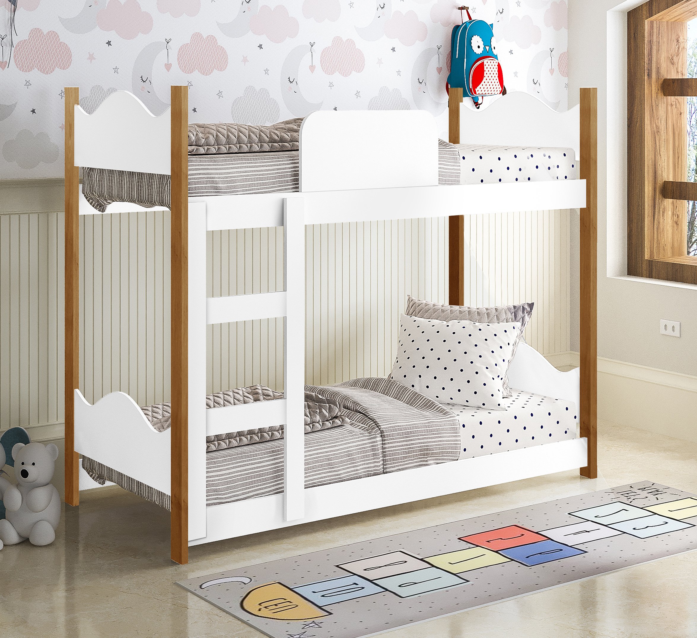 Cama Infantil Beliche Montessori Encanto com Escorregador Grade de Proteção e Escada Cor Branco - 7