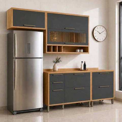 Cozinha Compacta Modulada MDF 4 Peças 6 Portas Vidro Vicenza Espresso Móveis Cinza/Amêndoa/Chumbo