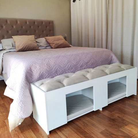 Recamier Pet Casinha Estofado Cama Box Mdf Branco King Capitonê Suede Liso Bege 192 X 40 X 37