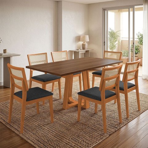 Conjunto Mesa Jantar Julia 1,6m Tampo Freijó Pés Cerejeira 6 Cadeiras Manuela Premium - Preto Veludo
