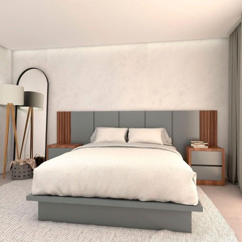 Cama Queen Cabeceira 4 Gavetas MDF 300cm Nogueira Cadiz com Cinza Sagrado