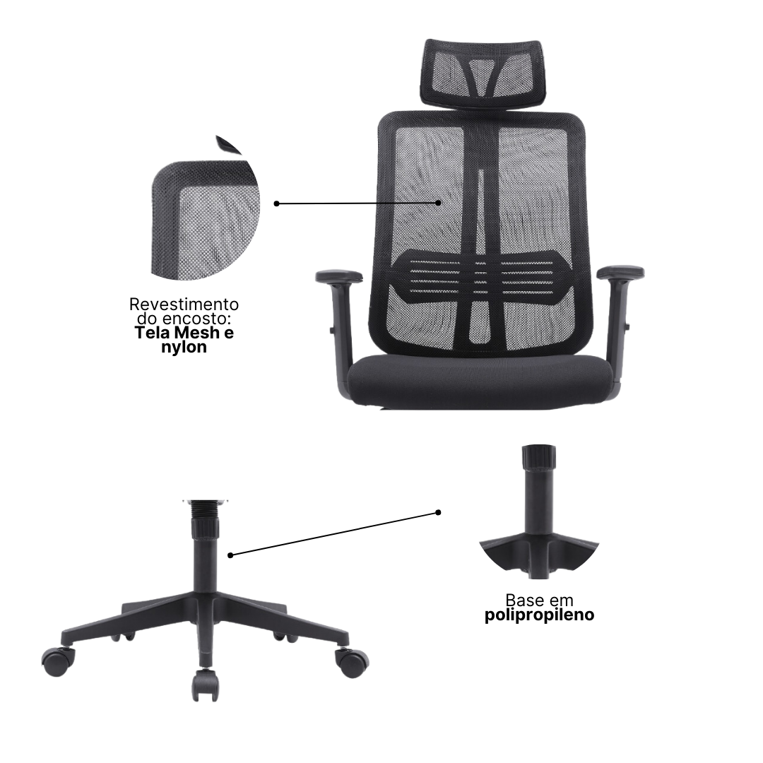 Cadeira Escritório Presidente King em Tela - Preta - 6
