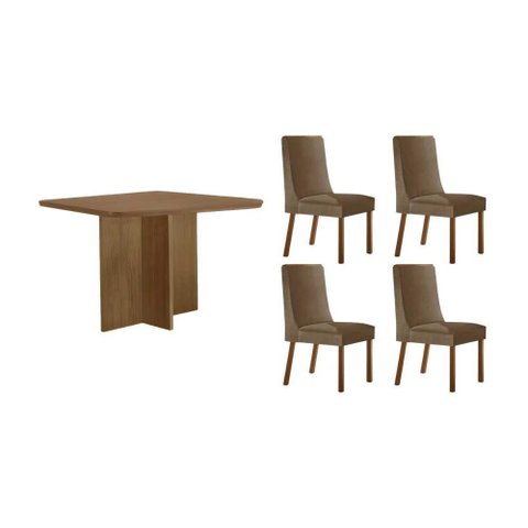 Conjunto: Mesa Sala Jantar Berlim Curvo 90cm + 4 Cadeiras Dakota Naturale - Suede Capuccino - Rufato