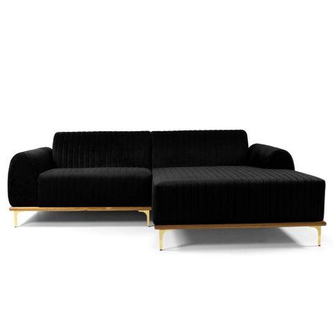 Sofá 3 Lugares Lisboa D07 com Chaise Direita 230cm Veludo Preto - D’Rossi