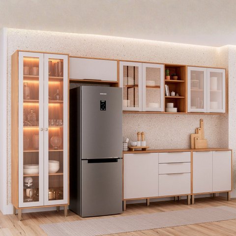Cozinha Modulada 6 Peças Brilhante com 1 Cristaleira 2 Balcões 3 Armários Aéreos Bege/Cinamomo/Off White